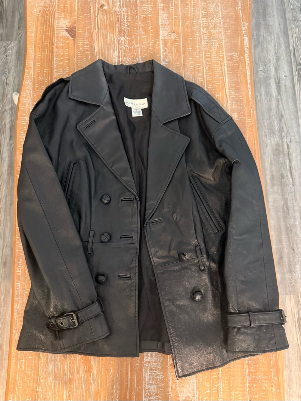 Paradox Black Double-Breasted Leather Pea Coat Size S fits oversize